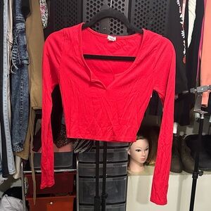 Garage Red Ribbed V-Neck Long Sleeve Blouse